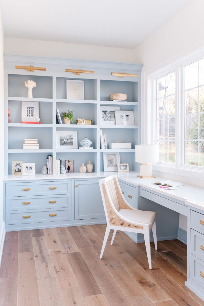 relaxing home office in powder blue color