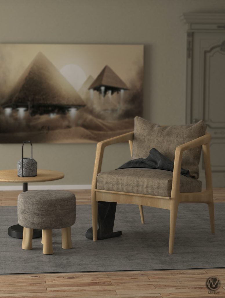 A gray footstool in a neutral-colored room