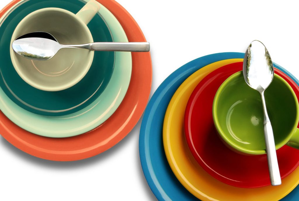 Colorful cookware and dinnerware