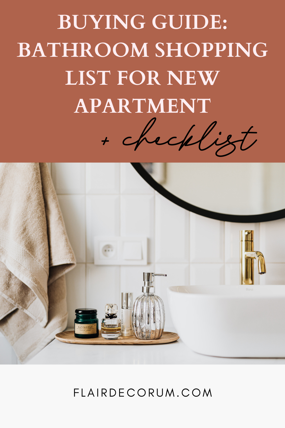 Pinterest pin about what bathroom items to buy for your new bathroom