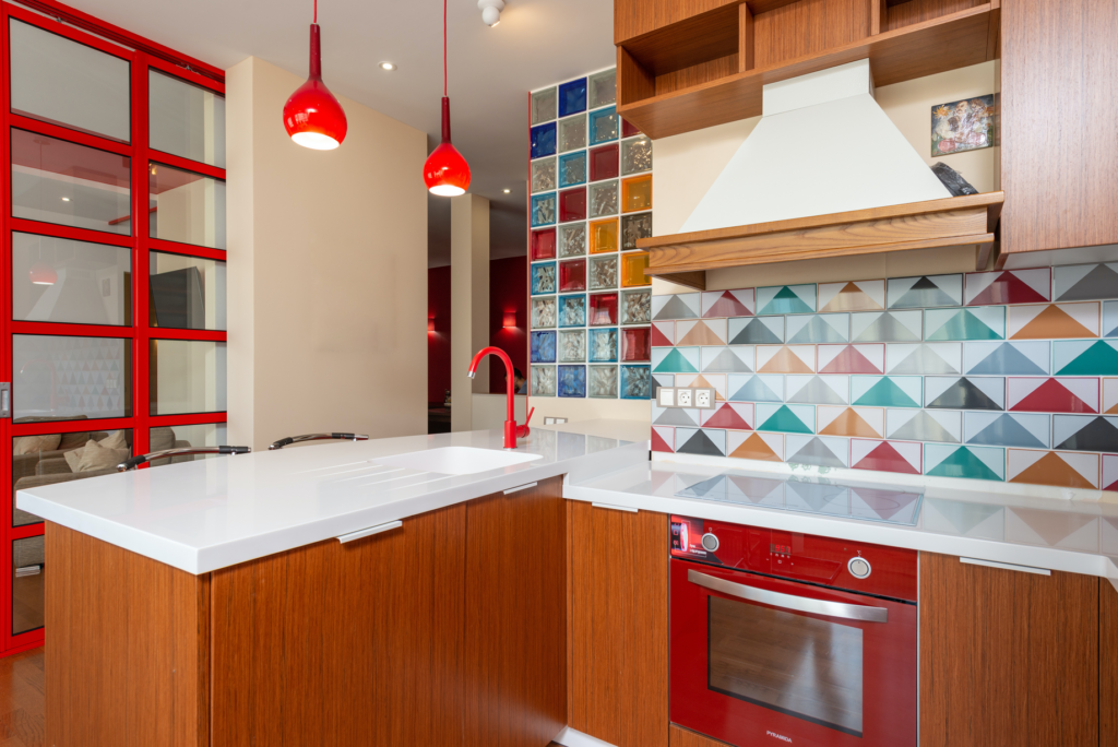 Colorful kitchen red door or divider.