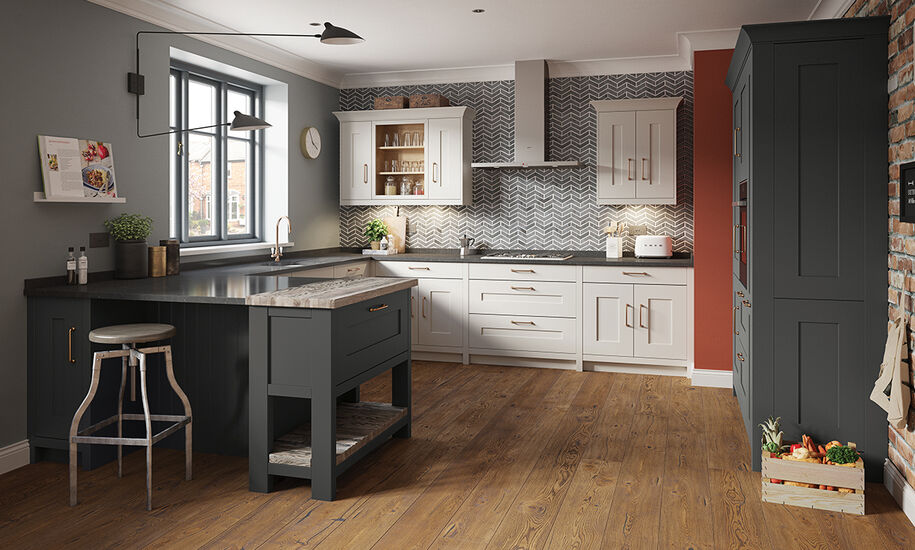 Gray kitchen with a terracotta wall