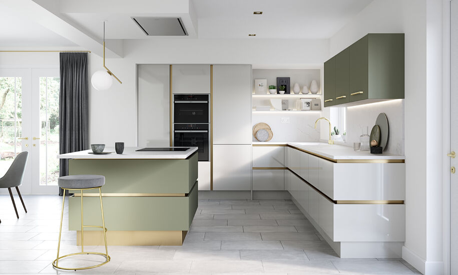 Modern kitchen with a green island and white cabinets.