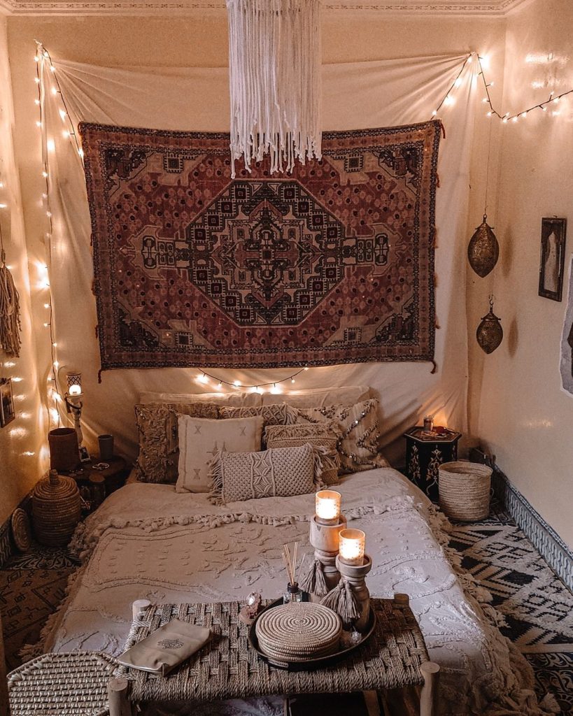 Vintage boho rugs in a boho bedroom