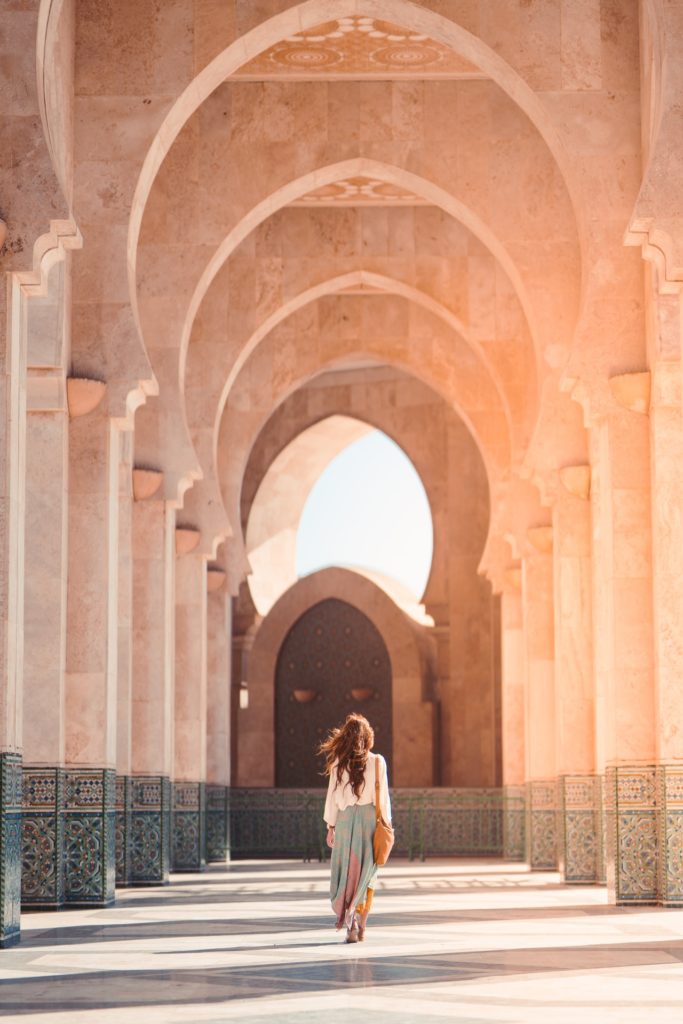 Arched palace walls and architecture in Casablanca, Morocco.