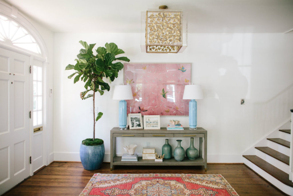 Foyer or entryway with a console table and a big plant beside it.